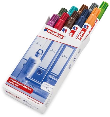 edding 3000 Permanentmarker - 10 bunte Farben - Rund-Spitze 1,5-3 mm - schnell trocknender Permanent Marker - wasserfest, wischfest - f&uuml;r Karton, Kunststoff, Holz, Metall - Universalmarker