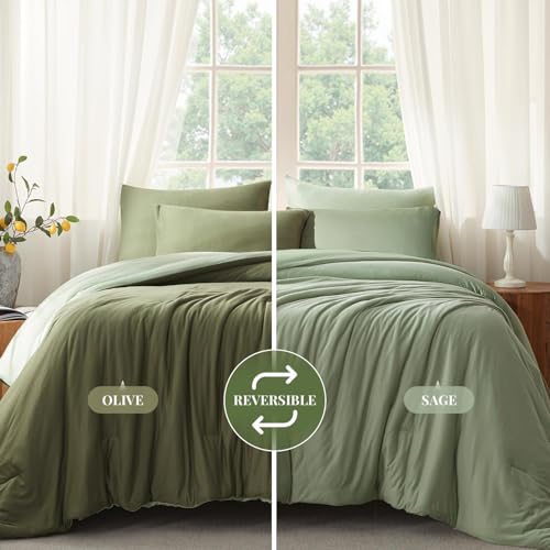 Image of Full Size Comforter Set, Comforters Full Size Luxury Ultra-Soft Jersey Knit Bedding Set, Olive /Sage Green Lightweight Down Alternative Bed Comforter for All Season, 3 Piece Bedding Set