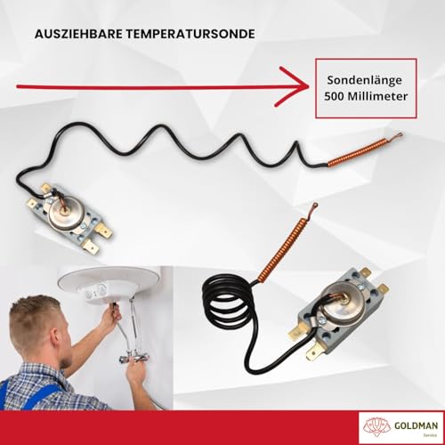 GOLDMAN SERVICE Sicherheitsthermostat Heizungsregler für elektrische Warmwasserbereiter, automatische Aktivierung bei 93 °C, Sondenbirne 500 mm, einfache manuelle Wiederherstellung