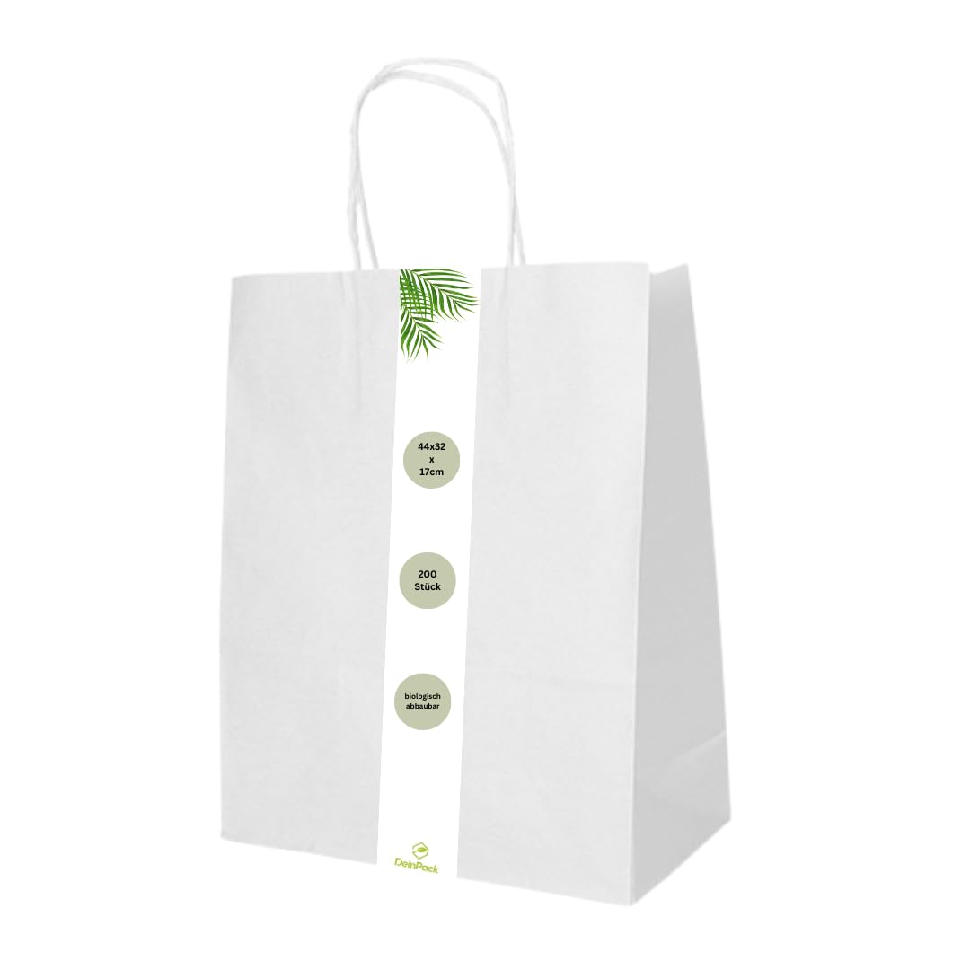 DeinPack 200 x Papiertüten 44 x 32 x 17 cm weiß Umweltschonende Papier Tragetaschen groß I Papiertüten Geschenktüten Papiertragetaschen biologisch abbaubar, kompostierbar