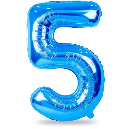 Blue Number Balloons, 40inch Large Number 5 Foil Mylar Helium Balloons, Self Inflating Number Balloons 0-9 for Men Boys 5th 50th 25th Birthday Anniversary Party Celebration Decoration Supplies