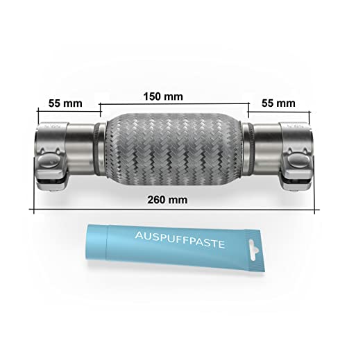 Flexrohr Universal Flexstück Wellrohr Hosenrohr Flexibles Rohr Edelstahl Interlock Ø55 x 150 x 260mm mit 2 Schellen inkl. Auspuff Kitt .Einbau ohne Schweißen