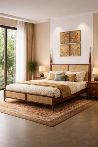 Image of JANGHU FURNITUREWALA Wooden /Rattan /Cane /Poster Queen Size Bed Without Storage -Sheesham Wood -King Cot -Palang -Bed Stylish Bedroom Furniture /Hotel Furniture(Ciao Bella, Honey Finish) Rattan /Cane Bed