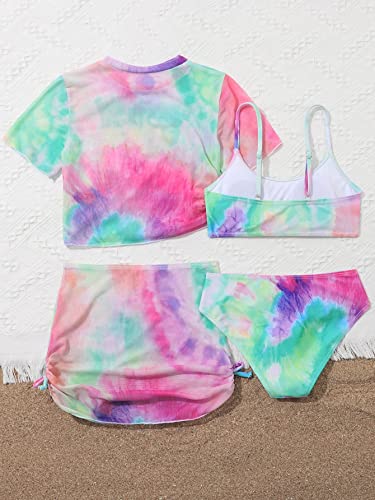 OYOANGLE Girl's 4 Piece Bikini Set Tie Dye Drawstring Bathing Suit with Cover Ups2