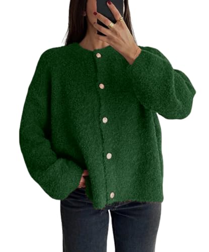 CHARTOU Women Fuzzy Knit Sweater Long Sleeve Crewneck Loose Open Front Cardigan Tops (Medium,Green)