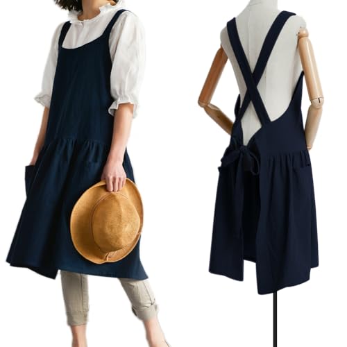 Product Image of the NEWGEM Cotton Linen Cross Back Apron for Women with Pockets for Cooking Baking Navy Blue with Waist Ties