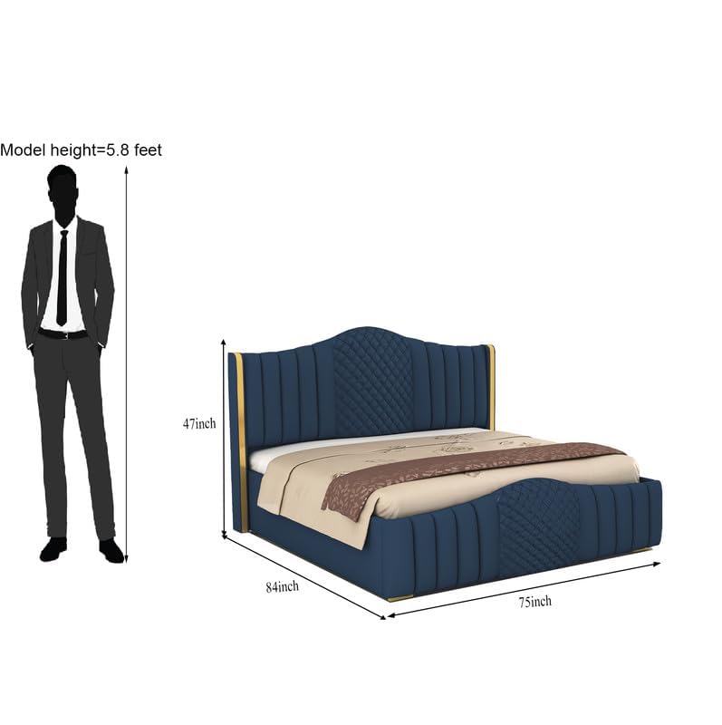 Image of King Size Modern Upholstered Bed with Box Storage For Bedroom | Solid Wood Platform Bed with Premium Fabric Headboard | Storage Double Bed for Master Bedroom & Modern Home Decor | Navy Blue