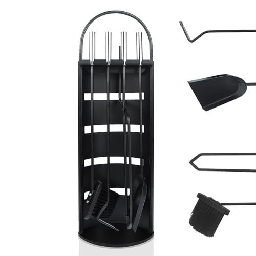 FIVMEN Kaminbesteck 5 teilig Schwarz Kamingarnitur Kaminzubehör Inkl. Besen, Ascheschaufel, Schürhaken, Zange und Ständer Ofenbesteck Kaminwerkzeug