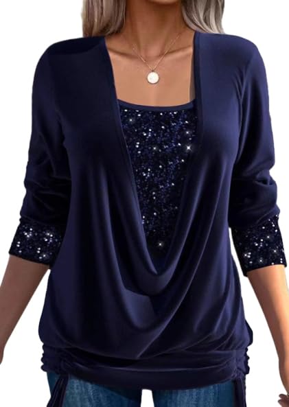 GAGFDA Sequin Loose Smocked Fake Two-Piece Top, Evening Tops Women Long Sleeve V Neck Solid Plus Size Loose Sequin T Shirt,for Party (Navy blue,XL)