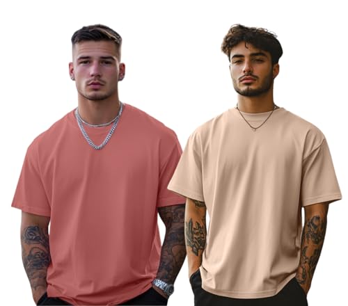 Image of Veirdo Solid Oversized 100% Pure Cotton Combo T-Shirt for Men & Boys (Half Sleeves, Round Neck, Drop Shoulder, Baggy Fit, Pack of 2, Available in S to 2XL