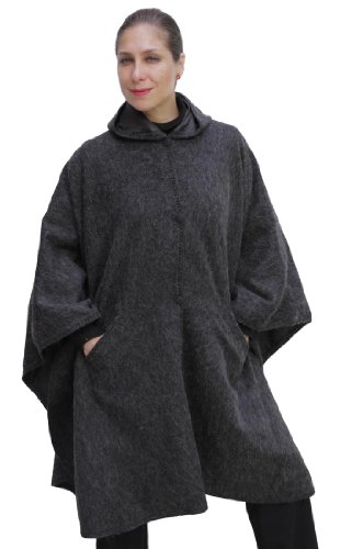 Hooded Alpaca Wool Cape Lined Hood Poncho, Charcoal Gray