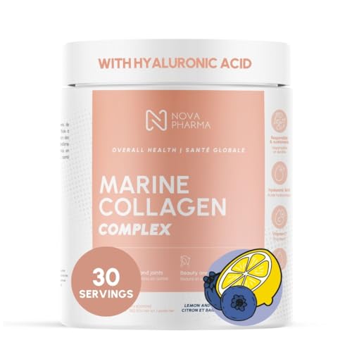 Nova Pharma Poudre de collagène marin avec peptides et acide hyaluronique – Complément de collagène maintenant avec vitamine C et biotine – Collagène marin hydrolysé – Santé de la peau – Anti-âge
