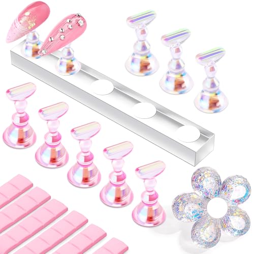Image of Makartt Press on Nails Stand: Clear and Pink Nail Holder for Painting Nails, Stands for Art Display Practice, Magnetic Clear Glitter Flower Fake Holders with Reusable Adhesive Putty for Home Salon DIY
