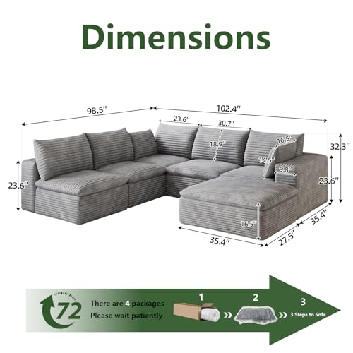 Image of 103 inch Cloud Couch Modular Sectional Sofa for Living Room, U-Shape Boneless Couch with Deep Seat, Modern Corduroy 5-Seater with Ottoman, No Assembly Required, Light Grey