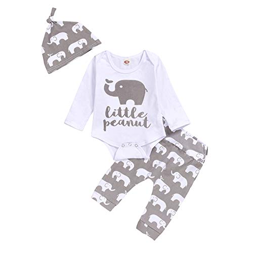 Cute Newborn Baby Boys Elephant Clothes Set Infant Boy Long Sleeve Romper+Pants+Hat 3PCS Outfits (Long Sleeve Baby Elephant, 3-6 Months)