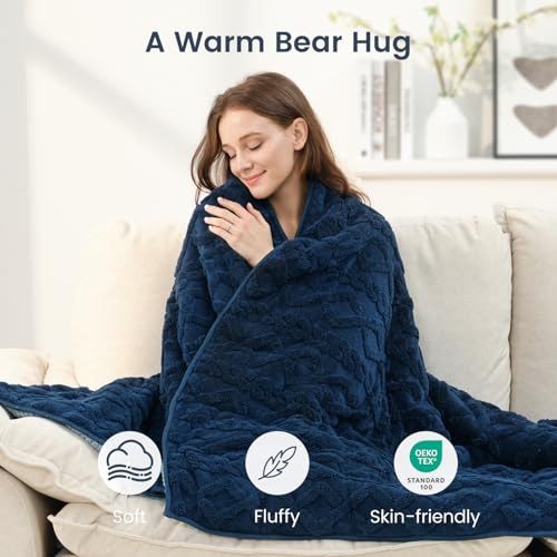 Image of Sherpa Fleece Adult Weighted Blanket Great for Sleep, 15 lbs Dual Sided Soft Fuzzy Heavy Blankets for Couch Bed Sofa, Cozy Warm Fluffy Jacquard Throw for Winter (Navy Blue, 60 inch x 80 inch, 15 Pounds)