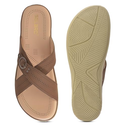 Image of SELBRO Women's Comfort Slip-On Sandals - Lightweight Criss-Cross Strap Flats with Laser-Cut Detail and Cushioned Footbed - Stylish Everyday Walking Flats SAR-CHD126