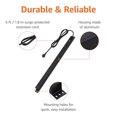 Image of Amazon Basics Surge Protector Power Strip, 9-Outlet, Heavy Duty, Metal, 600 Joules, 6ft Extension Cord, Mountable, Wide Spaced, Black