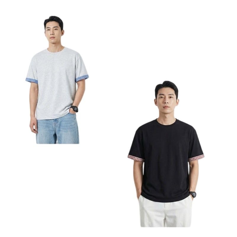 T-shirt homme col rond en patchwork de carreaux et coupe ample - 2