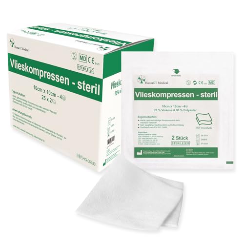 HansaGT Medical Vlieskompressen 10x10 cm STERIL 50 Stück nicht haftende Wundauflage aus Vlies 4 lagig und saugstark für Brandwunden chirurgische nässende und trockene Wunden Verbandmaterial