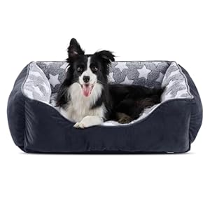 FURTIME Hundebett Mittelgroße Hunde Hundekorb Waschbar Hundekörbchen Rutschfeste Hundebetten Flauschig Hundematratze mit Erhöhte Ränder Weiches Hundesofa für Hunde Katze L(76x61x23cm) Schwarz/Sterne