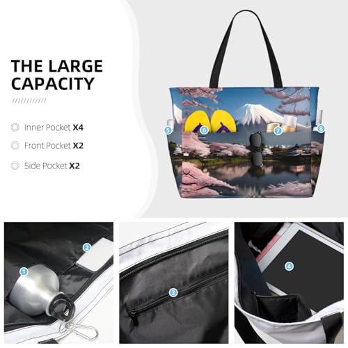 Mt. Fuji in early spring Large capacity beach bag with zipper, perfect for grocery bag pool gym travel shopping foldable beach travel bag,3