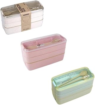 3 Pack Lunch Box, 900ML Wheat Straw Dinnerware Food Storage Container Beige + Pink + Green