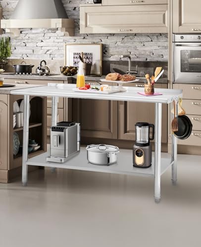 60" x 24" Stainless Steel Prep Table, NSF Metal Work Table with Backsplash, Adjustable Undershelf, 5 Hooks, Heavy Duty Workbench Workstation for Home Kitchen Restaurant