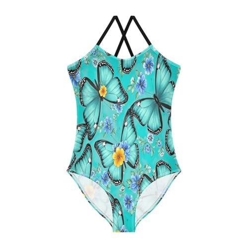 Kids Swim Suits Beach Bathing Suit 3-10 Y with Adjustable Shoulder Strap, Turquoise Butterflies Flowers Wings