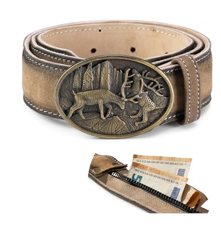 Schöneberger Trachten Couture Herren Trachtengürtel mit Geheimfach - Echtleder Lederhosen Gürtel mit Hirsch Schnalle Ledergürtel mit Geldfach Armin (Braun 58-60)