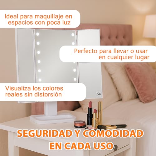 Weida | Espejo Maquillaje con Luz | Espejo Tríptico con Aumento x1 x2 x3 | con Iluminación LED Táctil | Tocador con Luz Plegable 34×30×18 cm | Funciona con Pilas AAA (No Incluidas) - imagen 3