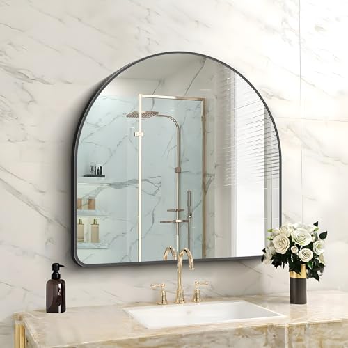 Image of FORBATH Arched Bathroom Mirror 30x30 Inch, Bathroom Mirror Wall Mounted Modern Black Aluminum Frame Decor Dresser Mirror for Bedroom Living Room Entryway, Hanging or Leaning Against Wall