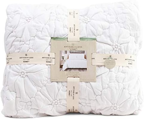 Textured Quilted Soft Washed Cotton Artisan Bedding Set Stitched Puckered Floral Full Queen Duvet Quilt Cover Scandi Chic Ruched Embroidered Flower (White)