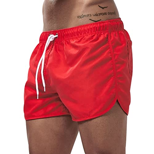 HAXNOHEY Bañadores Hombre Secado Rápido Playa Pantalones Cortos de Baño con Bolsillos Cordón Bañador Multicolor Rojo M