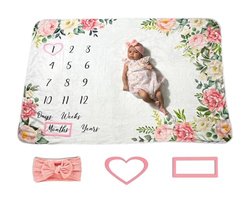 Image of Baby Milestone Blanket for Baby Girl - Monthly and Year Age Blankets with Number Chart - Growth Chart - Including Headband and Frames - Blanket Size 60"x40" - Floral Theme