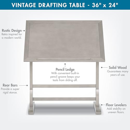 Studio Designs Vintage Drawing/Drafting Table with Pencil Ledge - 36" W x 24" D - Coastal Whitewash - Adjustable Tilting Top - Thumbnail 3