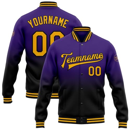 Custom Letterman Jacket, Custom Varsity Jacket, Purple Varsity Jacket, Custom Purple Gold-Black Bomber - Main Image