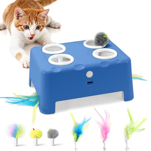 Cheese Box Interactive Cat Toy for Indoor Cats, 3-in-1 Whack a Mole Feather Toy, 3 Modes Rechargeable Auto Cat Toys for Bored Cats, 4 Holes Kitten Toy, 4 Accessories (White)