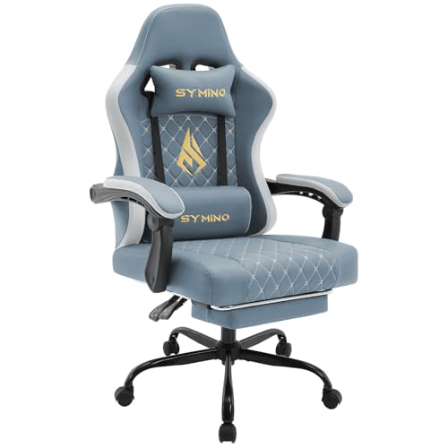Symino Gaming Stuhl Racing Gamer Stuhl - Ergonomischer Gaming Sessel mit Lendenwirbelstütze, Gaming Chair mit Fußstütze Vintage PU Leder 130KG, Light Blue
