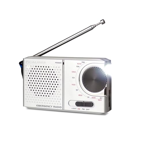 Caliber FM/AM Radio Batteriebetrieben mit Taschenlampe - Notfall Kit - Tragbares Radio - Kopfhöreranschluss – Für Haushalt Outdoor Camping Wandern - Silber