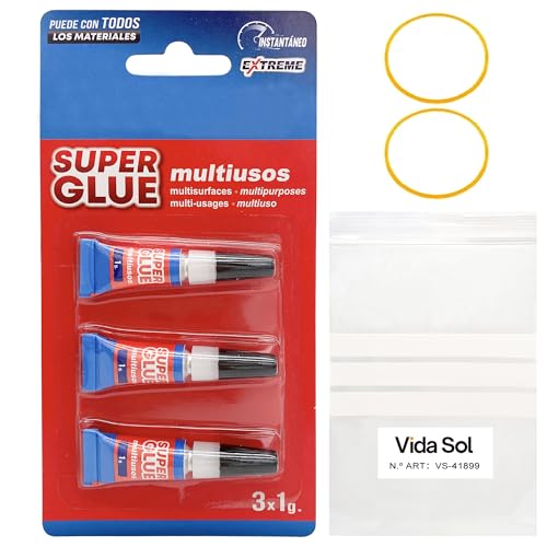 VIDA SOL Pegamento Instantáneo Extreme Super Glue Multiusos, Ultra Fuerte Para Madera, Plástico, Caucho, Metal, Papel, Cerámica, etc. Pega en 10 Segundos, Secado Rápido y Duradero, 3x1G