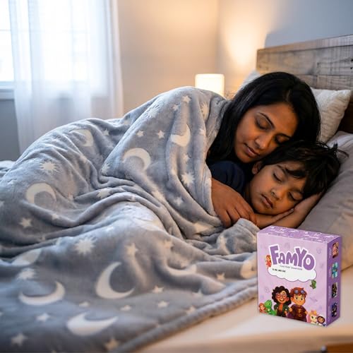 Image of Famyo Moon Stars Glow Blanket for Gifting for Kids | Birthday Gift for 0-15 yrs| AC Blanket for Children | Return Gifts, Party Favour | Perfect for Gifting for Niece /Nephew /Son /Daughter (Grey)