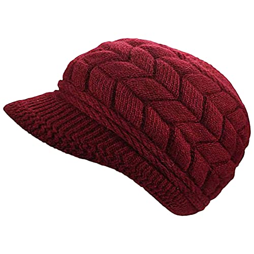 Womens Winter Hat with Brim, Beanie with Warm Fleece Lined & Visor for Women Wool Knit Newsboy Cap S-Y-H4 (Burgundy, One Size)
