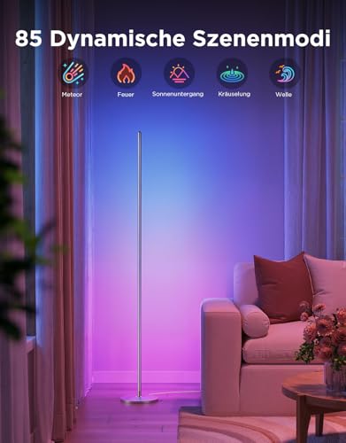 Govee RGBIC LED Stehlampe Wohnzimmer, 1000lm Stehleuchte Dimmbar, Arbeiten mit Matter & Alexa, 85 Szenenmodi, 16 Millionen Farben, DIY & Musikmodi, 136cm Ecklampe für Schlafzimmer Deko, Silber 4