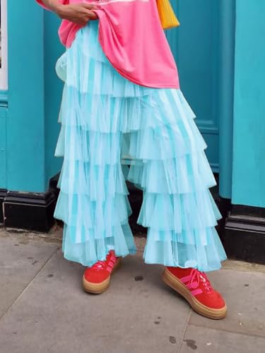 Women Tiered Ruffled Tulle Pants Casual Mesh Ruffles Stripe Print Elastic Trousers for Daily Streetwear2