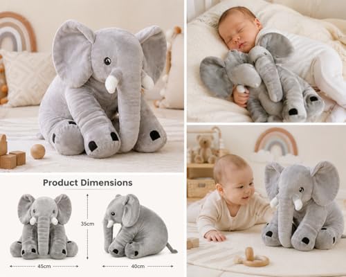 Image of Giant Elephant Plush Toy for Babies - 45cm Soft Stuffed Animal Pillow, Cute Sitting Elephant Plushie for Toddlers, Newborn Nursery Decor, Sleep Companion & Birthday Gift for Kids (Grey)