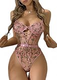 Myilewjt Embroidered Teddy Lingerie for Women Sexy Floral Lace Up One Piece Babydoll Bodysuit Pink Small