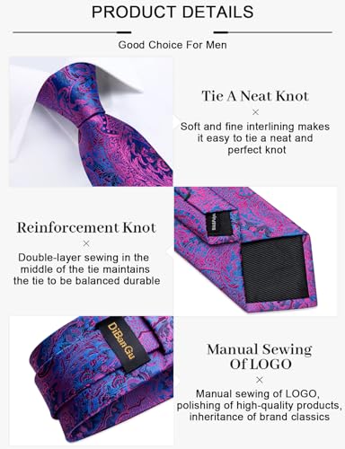 Image of DiBanGu Paisley Ties for Men Silk Necktie and Pocket Square Cufflinks Tie Clip Set Woven Classic Mens Tie for Wedding Party