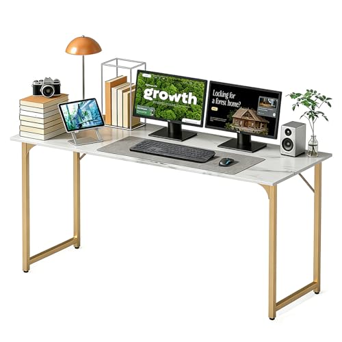 Image of BestOffice Computer Desk,Home Office Desk, Modern Simple Style for Home Office Study Writing (Gold, 55 Inch)