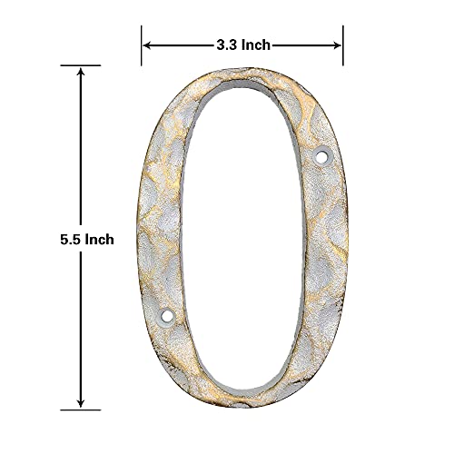 5.5 Inch High Home Address House Numbers- Unique Cast Iron Metal Mailbox Number/Letters For Outside Or Front Door, Handmade Gold & White Finish (Number 0) #TOP2